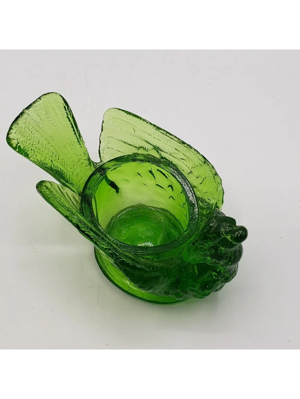 Vintge Kanawha Glass Salt Cellar Glows Green Bird with Berry in Mouth
